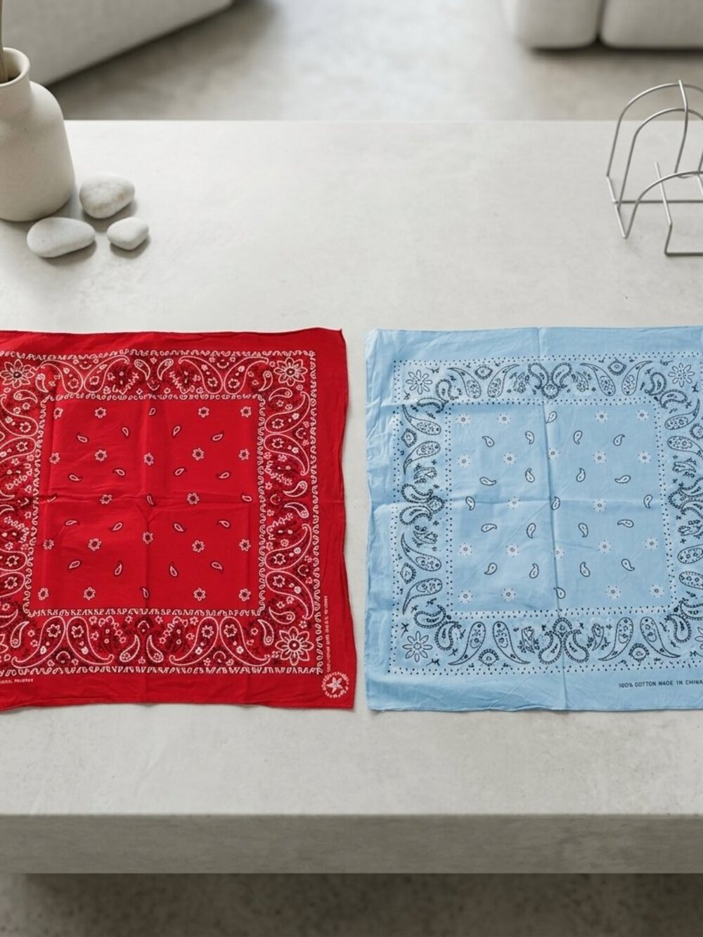 NWOT Set of 2 Large Unisex Scarves Square Paisley 100% Cotton Red Blue Made USA